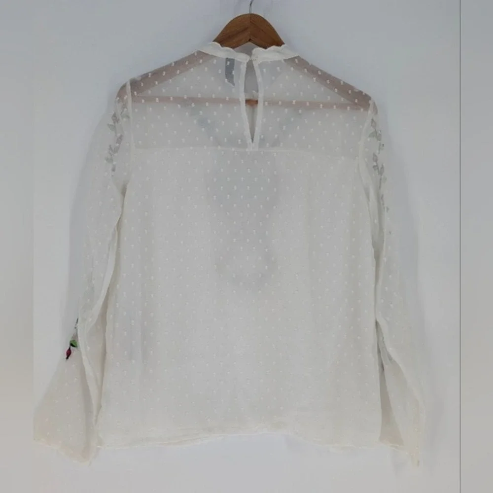 Y.A.S Yasmolia White Swiss‎ Dot Floral Embroidered High Neck Blouse Top Size M